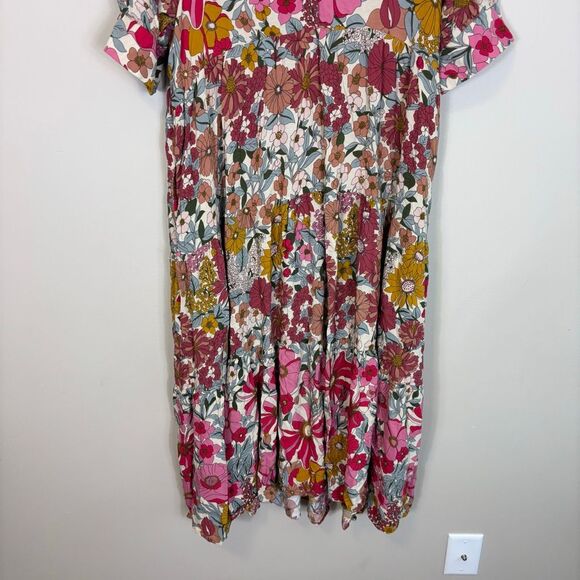 Natural Life Pink and Yellow Floral Print Collared V Neck Short Sleeve Midi Dres - Picture 4 of 7